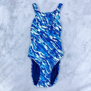 Speedo Racerback Cut Out Back One Piece Swimsuit Blue Wave Vintage Womens 32 6